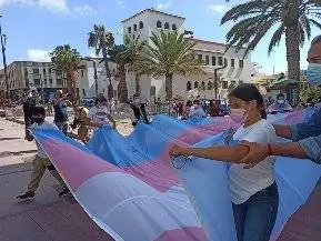 j&oacute;venes trans portan la bandera