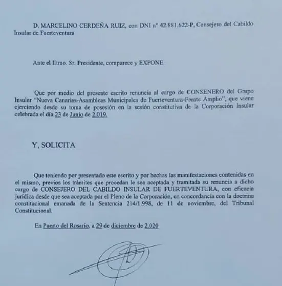 Solicitud de dimisión de Marcelino Cerdeña