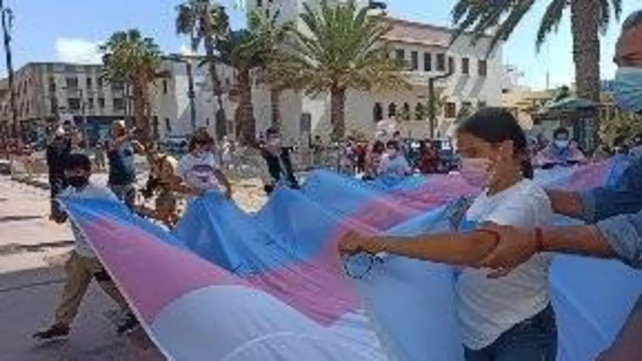 j&oacute;venes trans portan la bandera